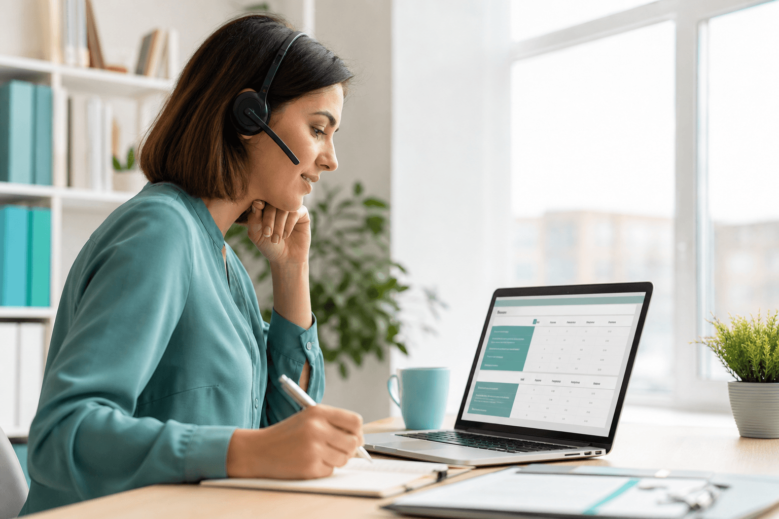 Recruteur au téléphone avec casque, prenant des notes sur une grille d'évaluation structurée.