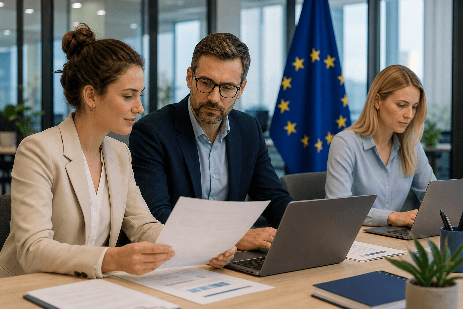 Recruteurs RH analysant la conformité IA Act dans un bureau européen moderne.