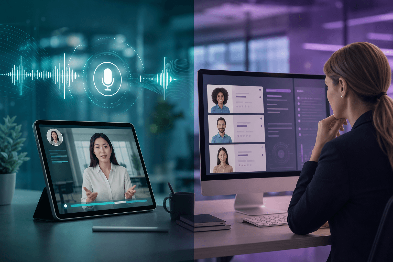 Entretien IA asynchrone sur tablette et recruteur humain analysant les dossiers candidats.