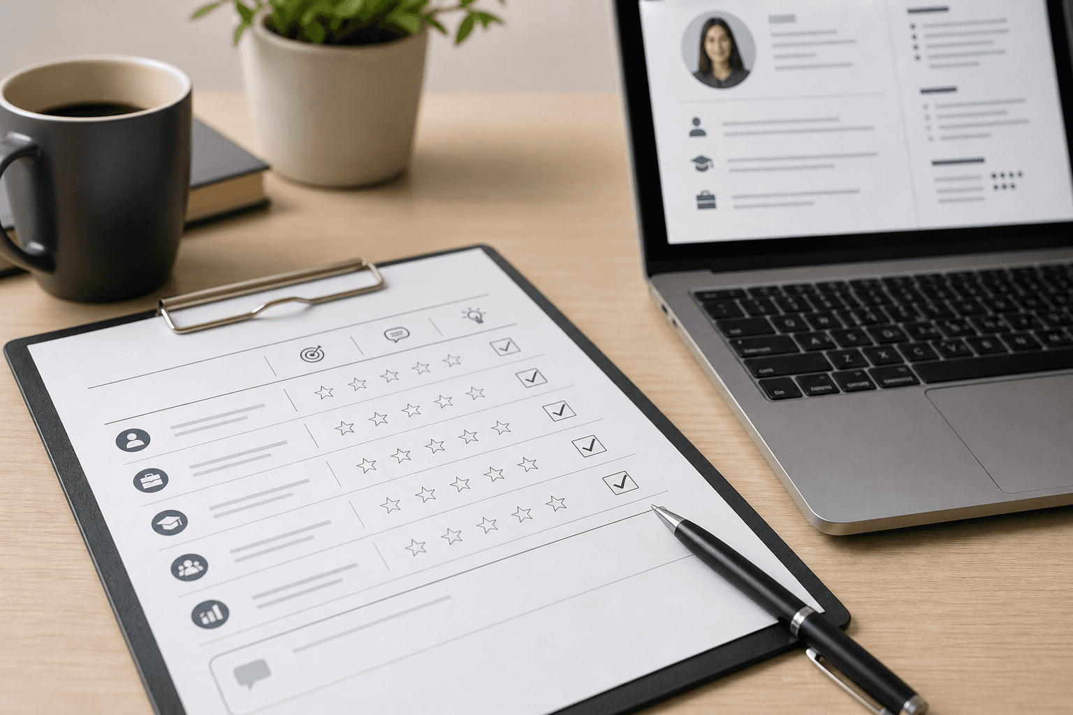 Grille d'évaluation et checklist de questions pour entretien de préqualification.