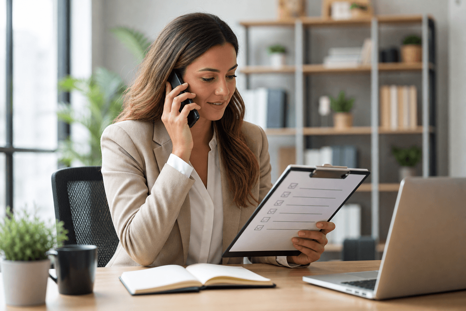 Recruteur menant un entretien de préqualification structuré avec checklist.