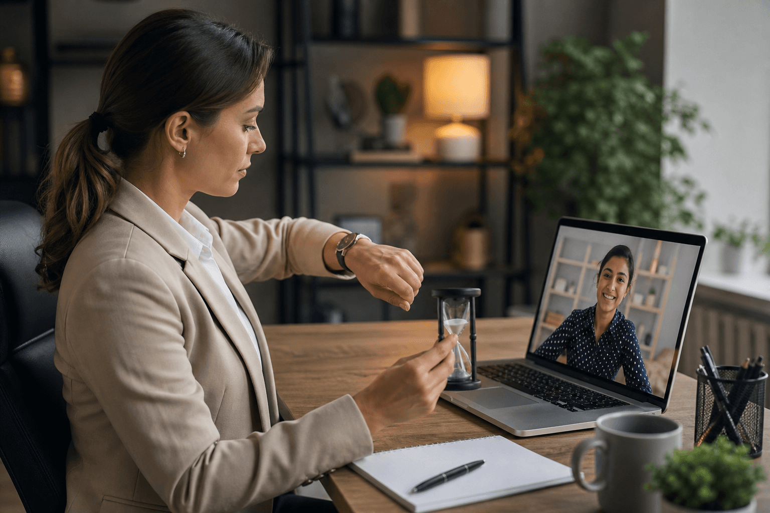 Recruteur vérifiant le temps lors d'un entretien de préqualification en visio.
