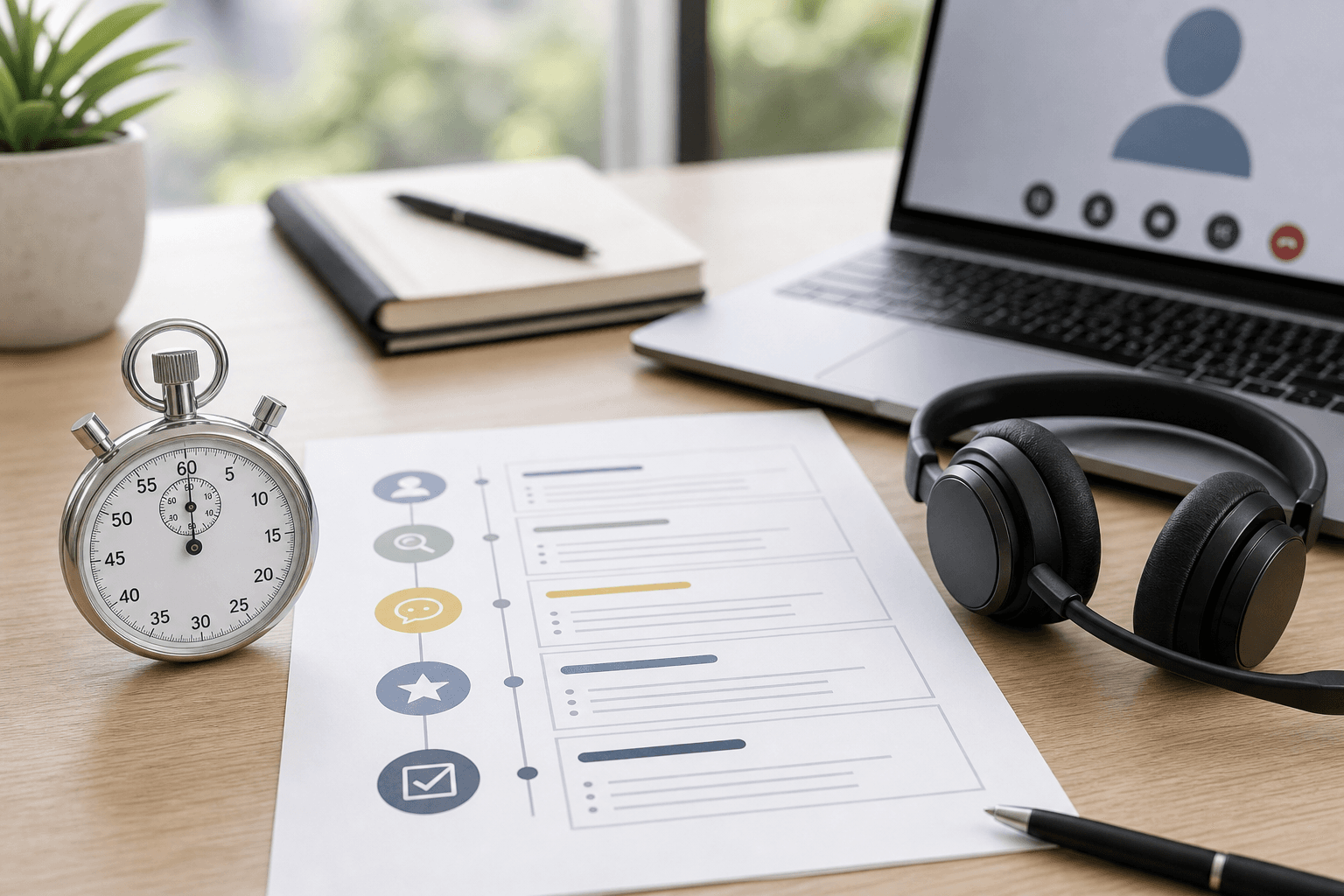 Chronomètre et agenda structuré pour un entretien de préqualification de 20 minutes.